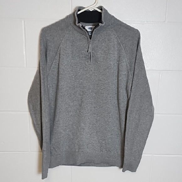 Gray 100% Cotton 1/4 Zip Up Sweater with High Collar Ribbed Cuffs & Hem - Picture 1 of 10